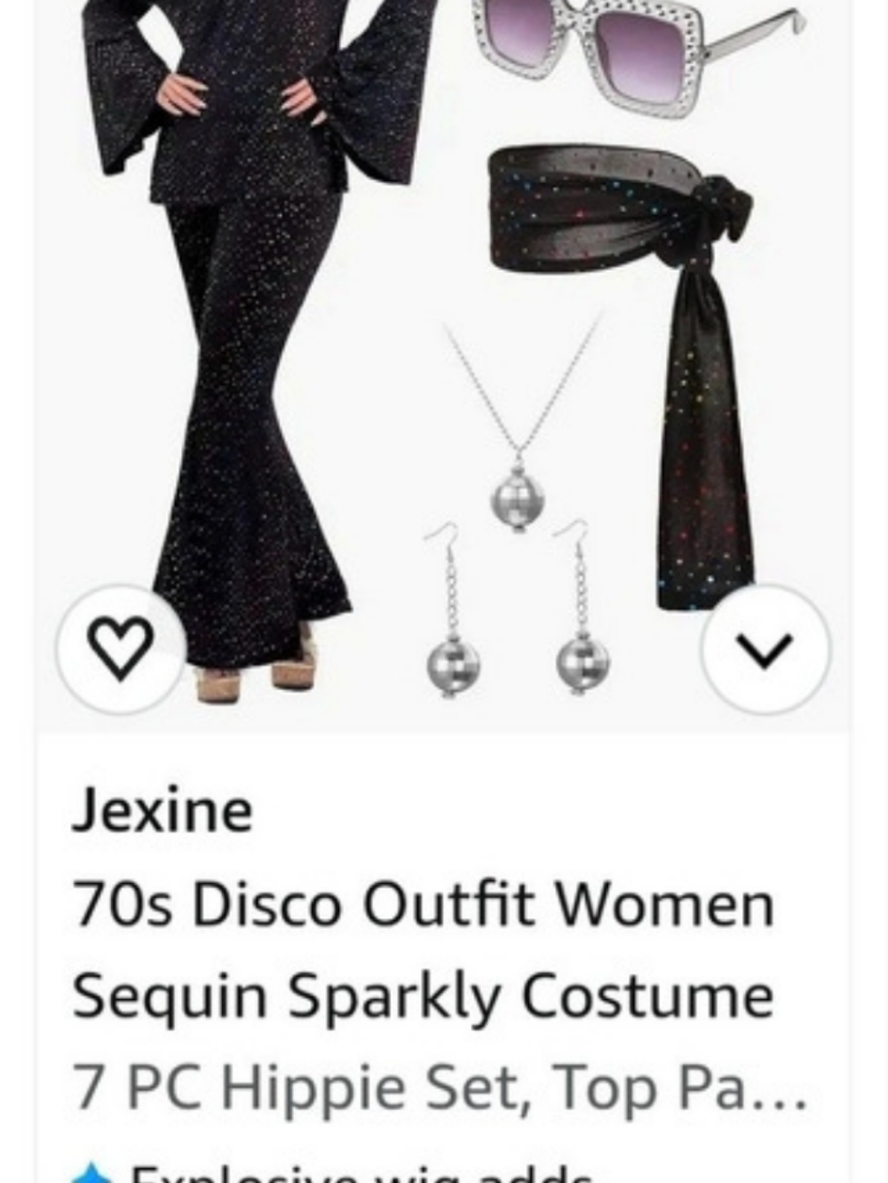 Jexine 70s Disco Outfit Women Sequin Sparkly Costume 7 PC Hippie Set Sequin